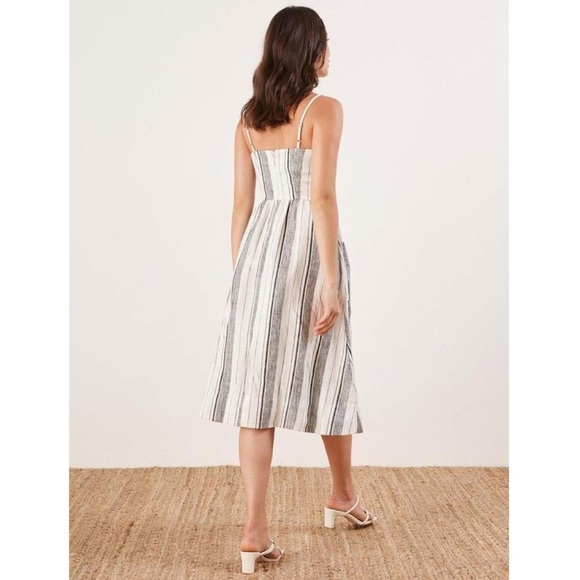 Perfect Linen Reformation Ellen Striped Lace-Up Midi Dress Feminine Flattering - Picture 4 of 6